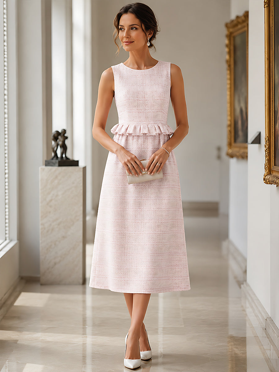 Elegant Pink Tweed Sleeveless Midi Dress
