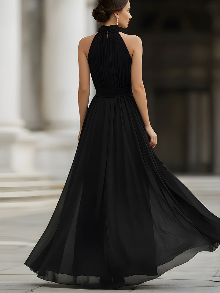 Black Halter Neck Pleated Chiffon Maxi Dress