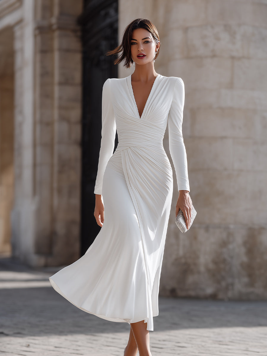 Ruched V-Neck Long Sleeve Midi Dress