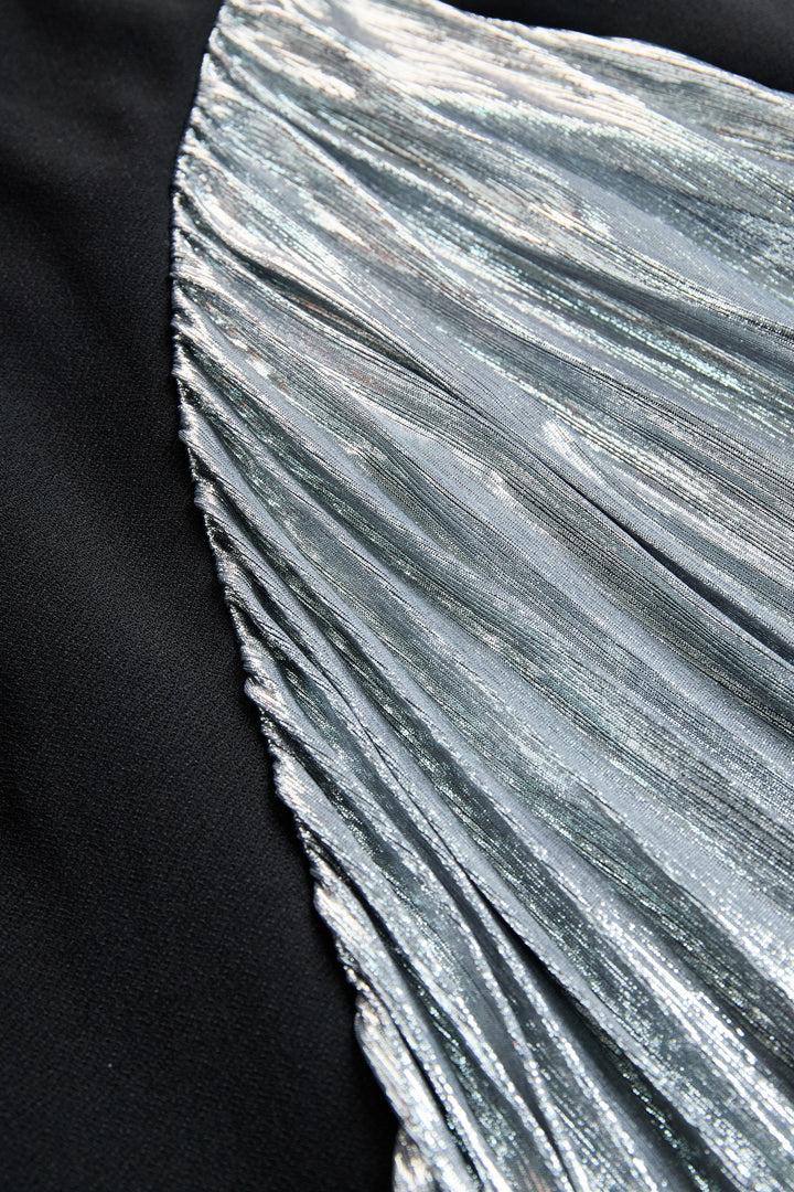 Elegant Tuxedo-Inspired Silver Slit Gown