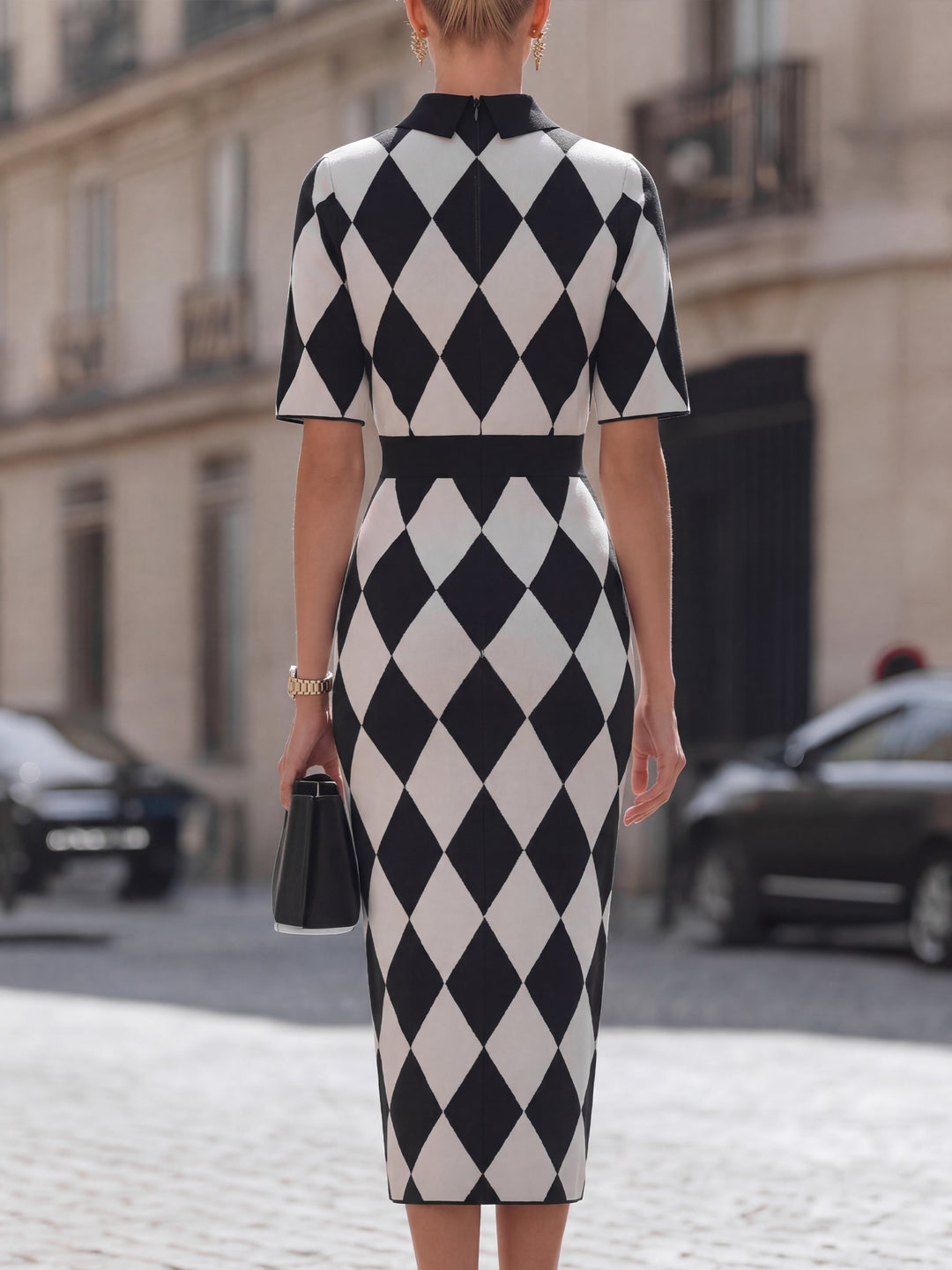 Argyle Pattern Knit Mock-Neck Midi Dress
