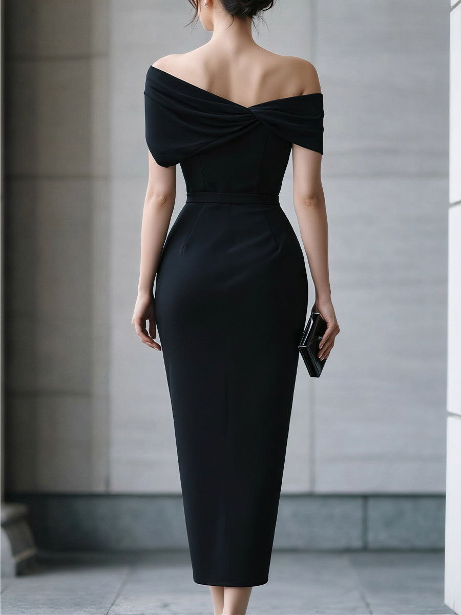 Black Asymmetric Off-Shoulder Midi Dress