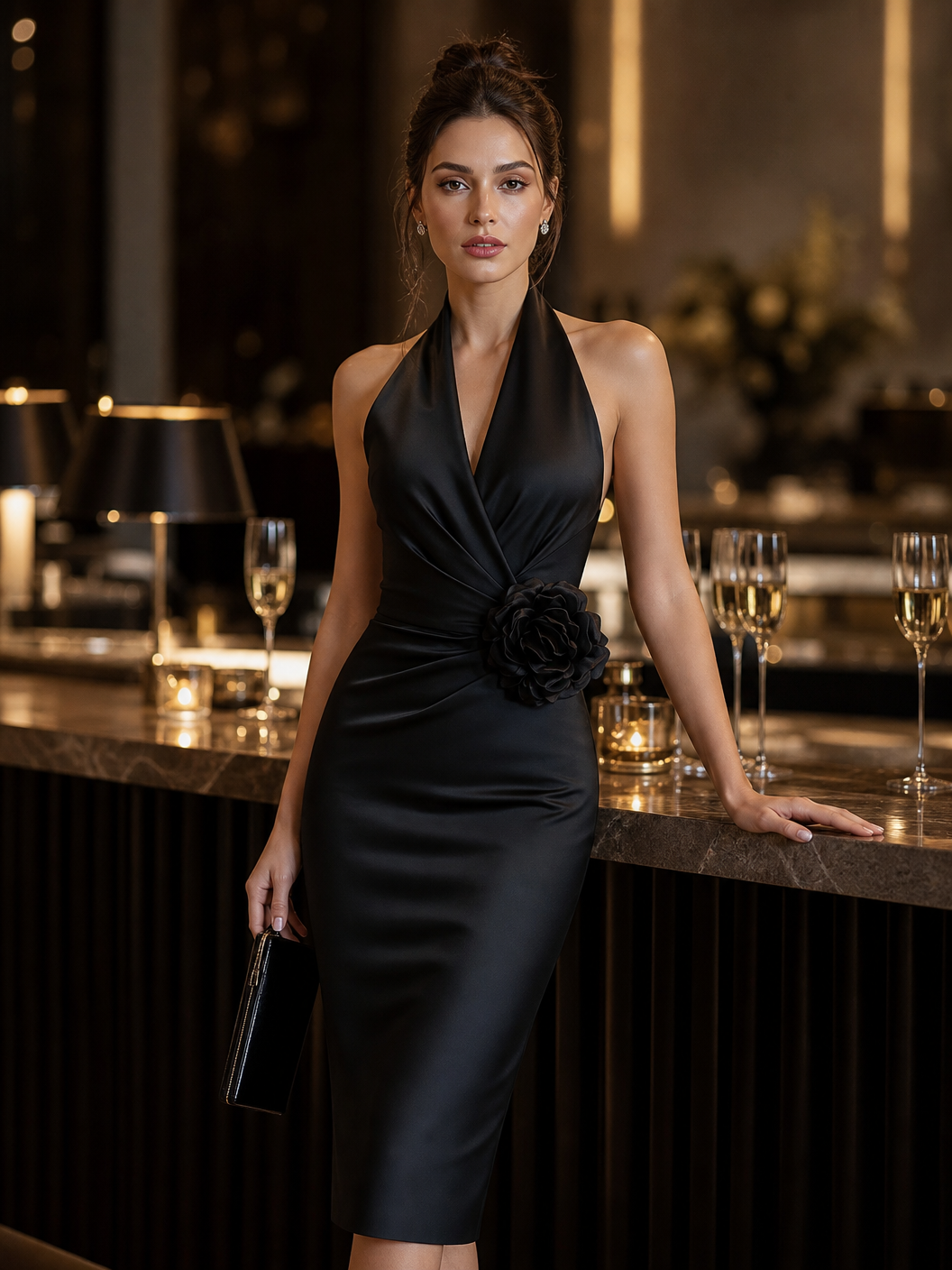 Halter Neck Satin Floral Appliqué Midi Dress