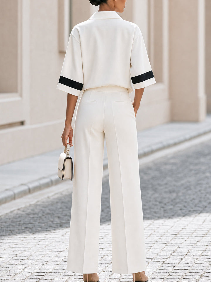 Stripe Cuff Polo V-Neck Blouse & High Waist Pleated Wide Leg Pants Two-Piece White Set