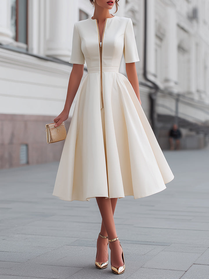 Short Sleeve Zip-Front Fit And Flare Midi Dress