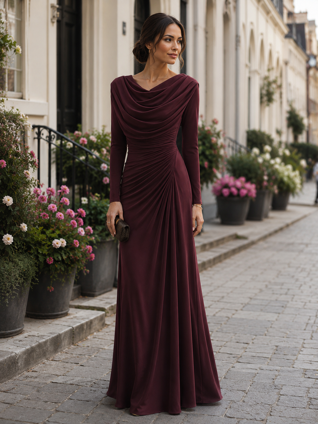 Draped Cowl Neck Ruched Maxi Dress