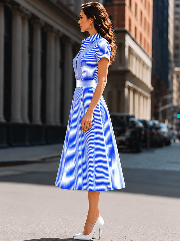 Striped Shirt Collar Fit-and-Flare Midi Dress