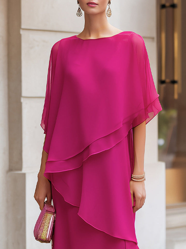 Asymmetric Tiered Chiffon Overlay Cape Maxi Dress