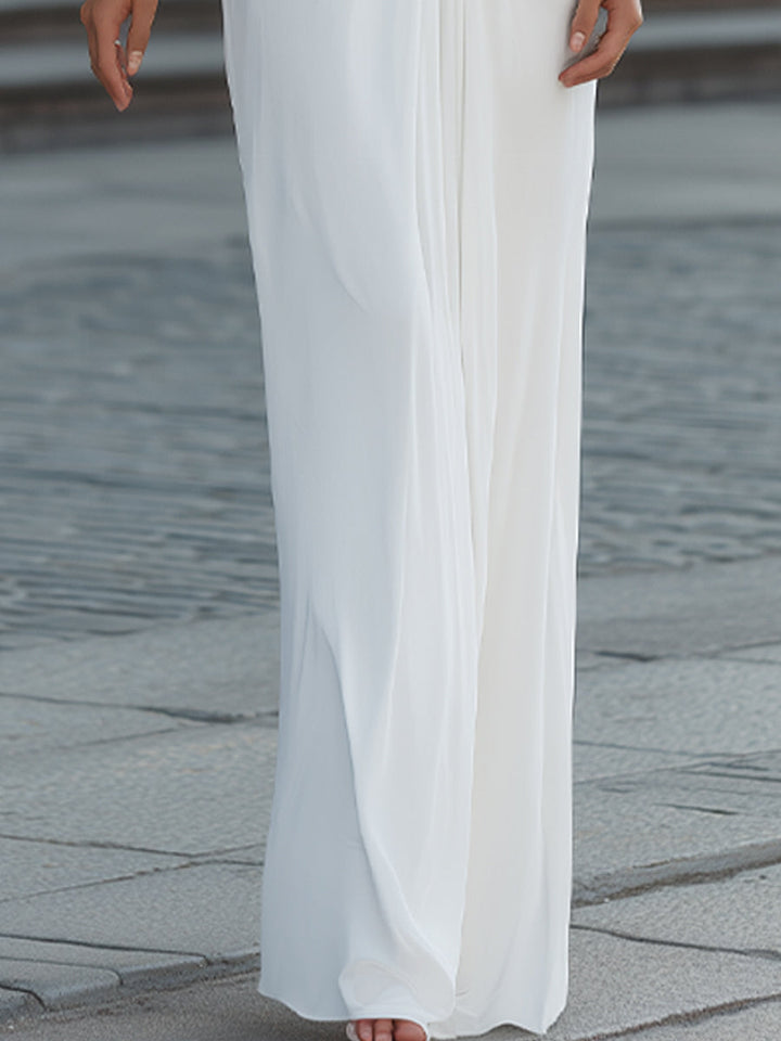 Plunging V-Neck Pleated Ruched Cape Sleeve Maxi Dress