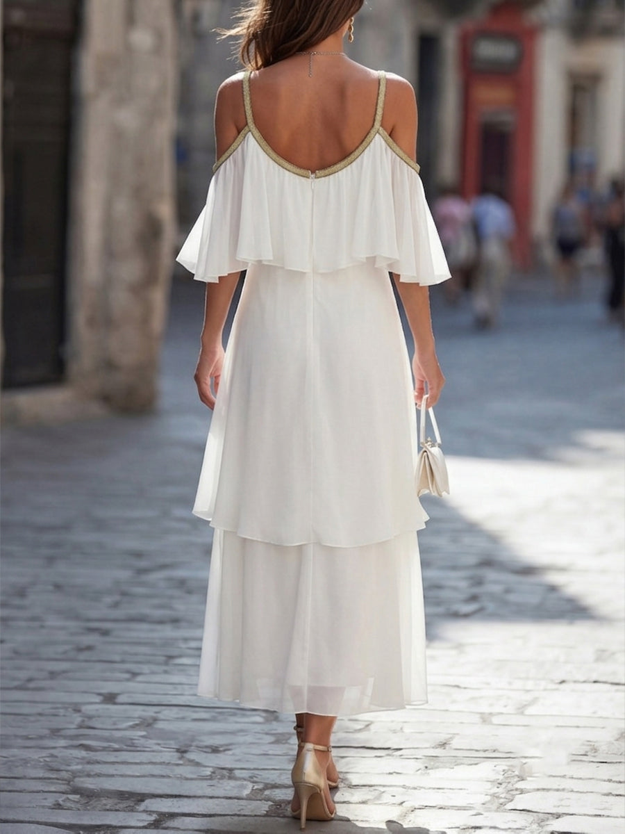 Cold-Shoulder Metallic Trim Tiered Chiffon Midi Dress