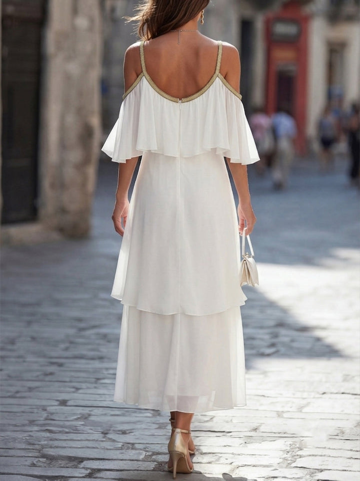 Cold-Shoulder Metallic Trim Tiered Chiffon Midi Dress