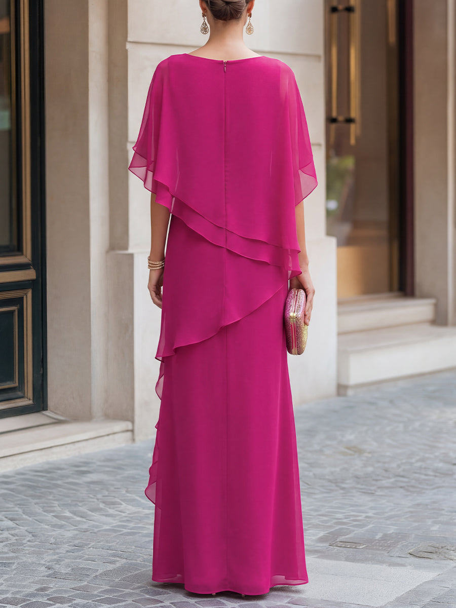 Asymmetric Tiered Chiffon Overlay Cape Maxi Dress