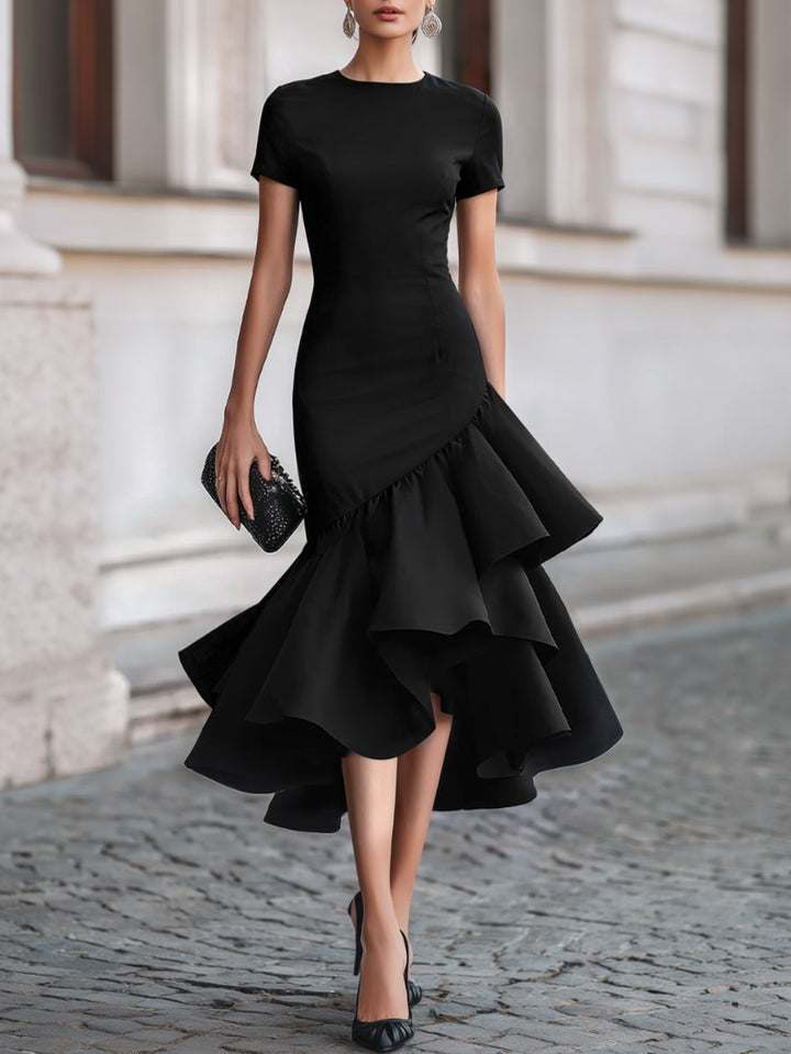 Asymmetrical Ruffle Hem Tailored Midi Dress