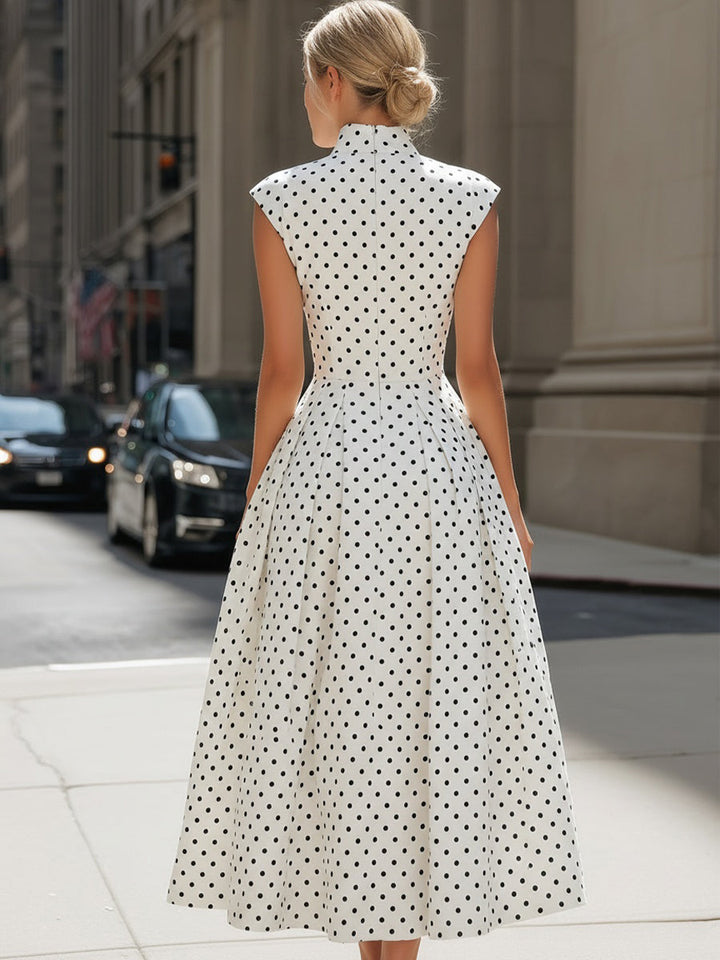 Vintage Polka Dot Mock Neck Cap-Sleeve Midi Dress