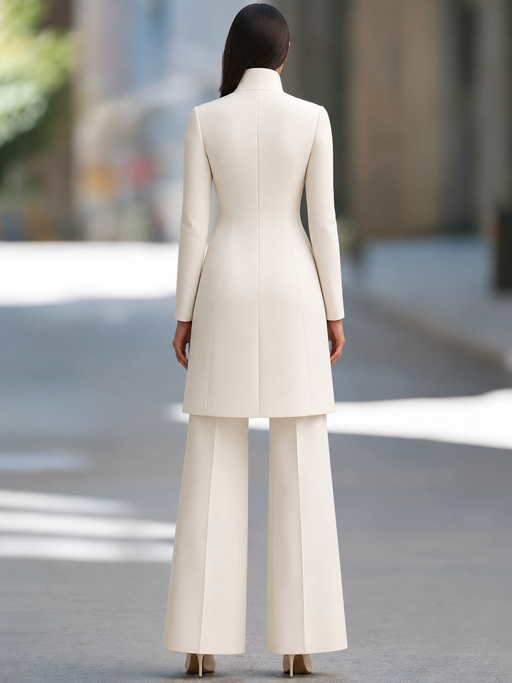 Stand-Collar Zip-Front Longline Jacket And Wide-Leg Pants Set