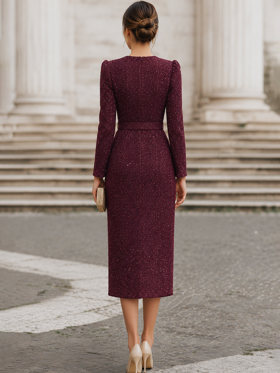 Sequin Tweed Long Sleeve Midi Dress