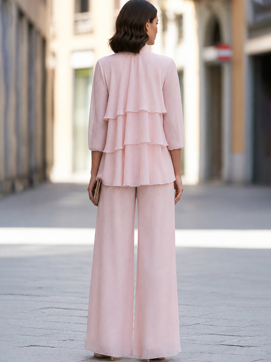 Tiered Ruffle High-Neck Wide-Leg Pants Set