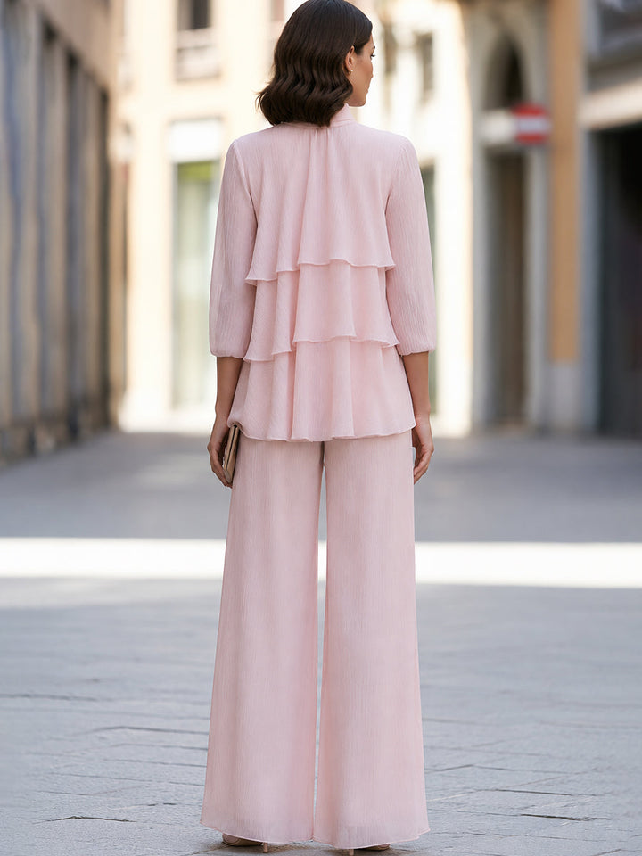 Tiered Ruffle High-Neck Wide-Leg Pants Set