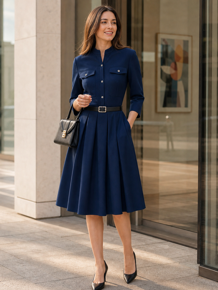 Mandarin Collar 3/4 Sleeve Belted Pleated Midi Dress