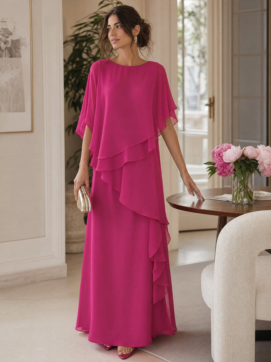 Asymmetric Tiered Chiffon Overlay Cape Maxi Dress