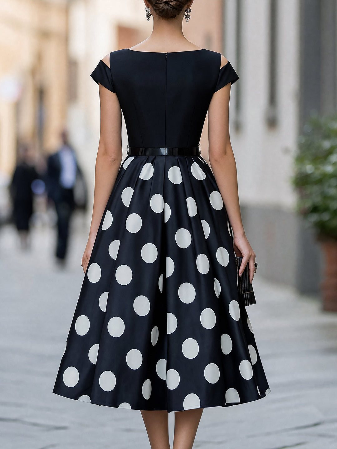 High-Waisted Polka-Dot Pleated Midi Skirt