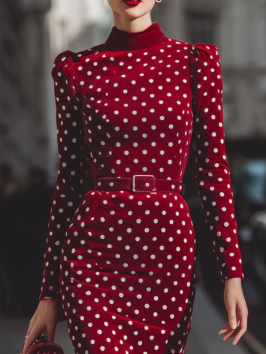 Vintage-Inspired Red Polka Dot Velvet Midi Dress