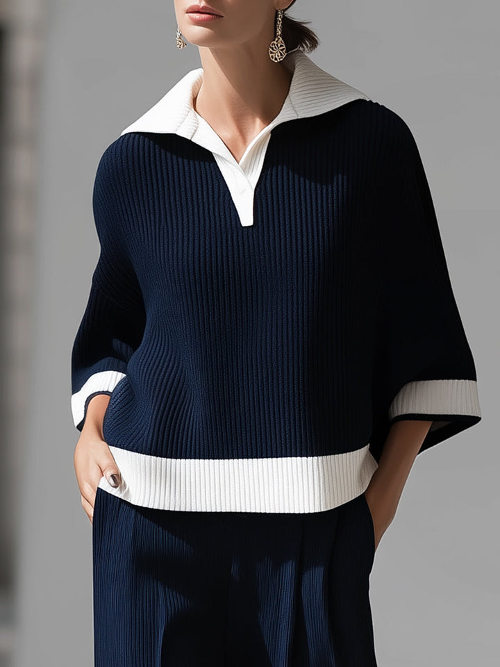 Sophisticated Nautical Ribbed Knit Two-Piece Lounge Set