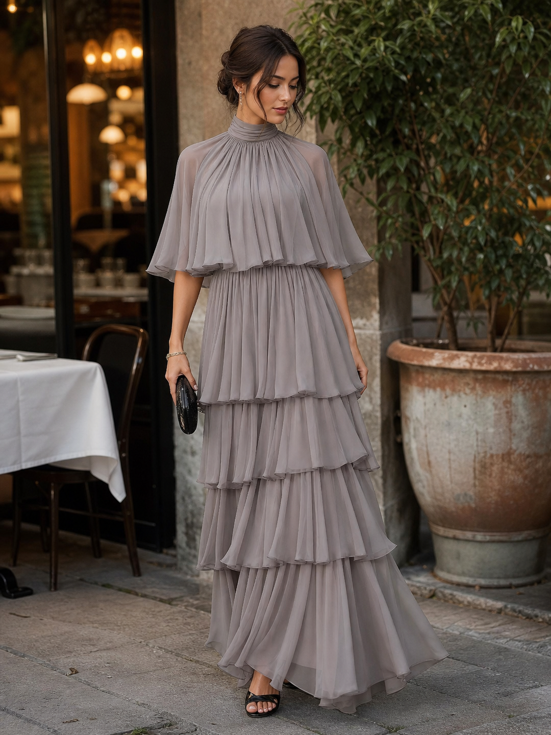 Tiered Pleated Cape Maxi Dress