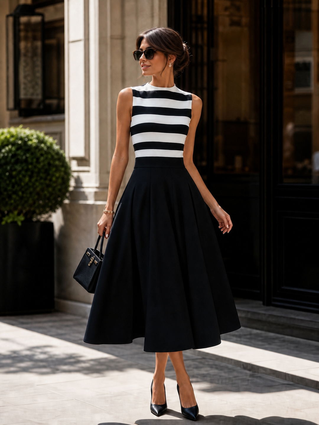 Chic Striped Sleeveless Midi Dress With Pockets