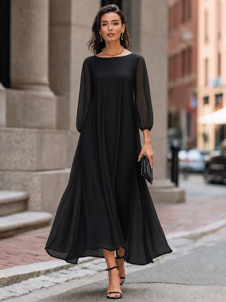 Sheer Sleeve Flowing A-Line Maxi Dress