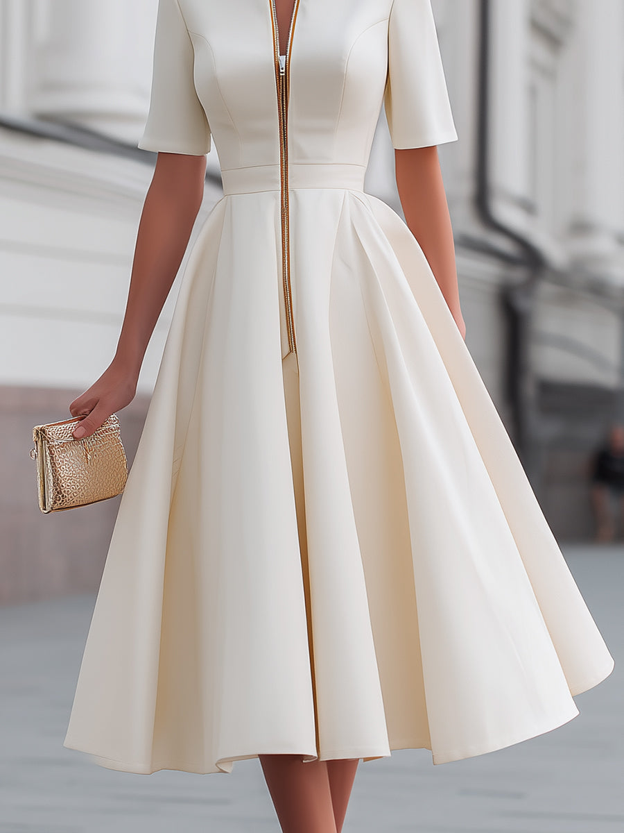 Short Sleeve Zip-Front Fit And Flare Midi Dress