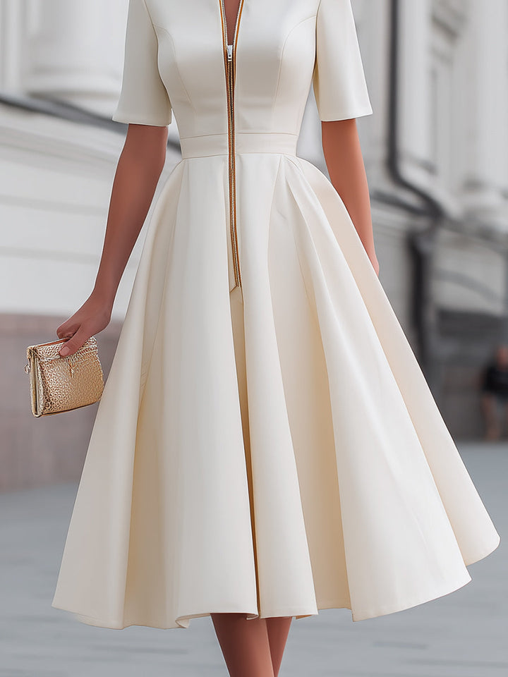Short Sleeve Zip-Front Fit And Flare Midi Dress