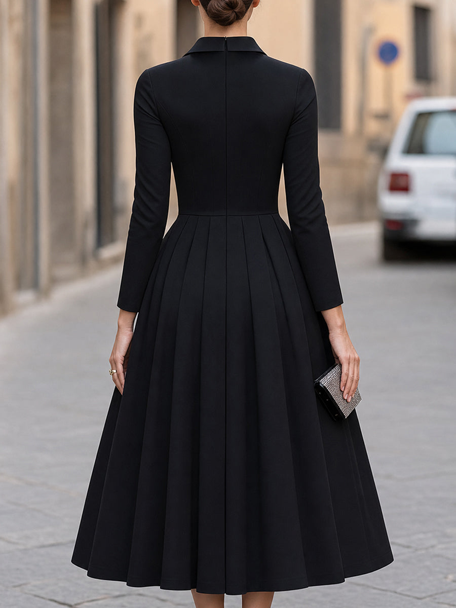 Black Sheer V-Neck Long Sleeve A-Line Midi Dress