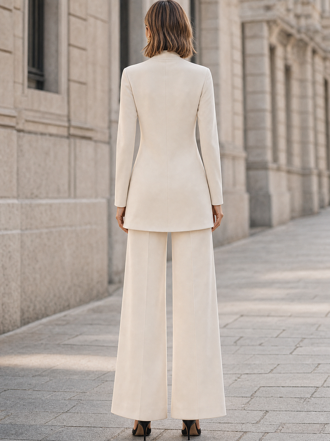 Ivory Turtleneck Tunic Blazer And Wide Leg Pants Set