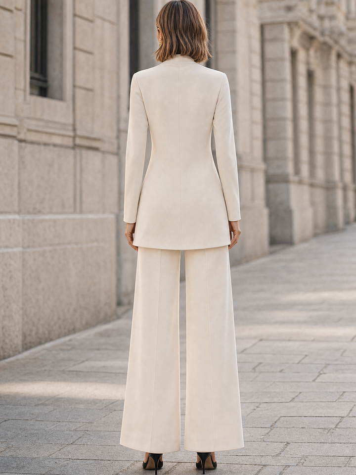 Ivory Turtleneck Tunic Blazer And Wide Leg Pants Set