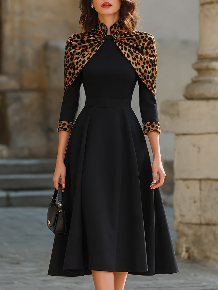 Leopard-Print Cape Detail A-Line Midi Dress