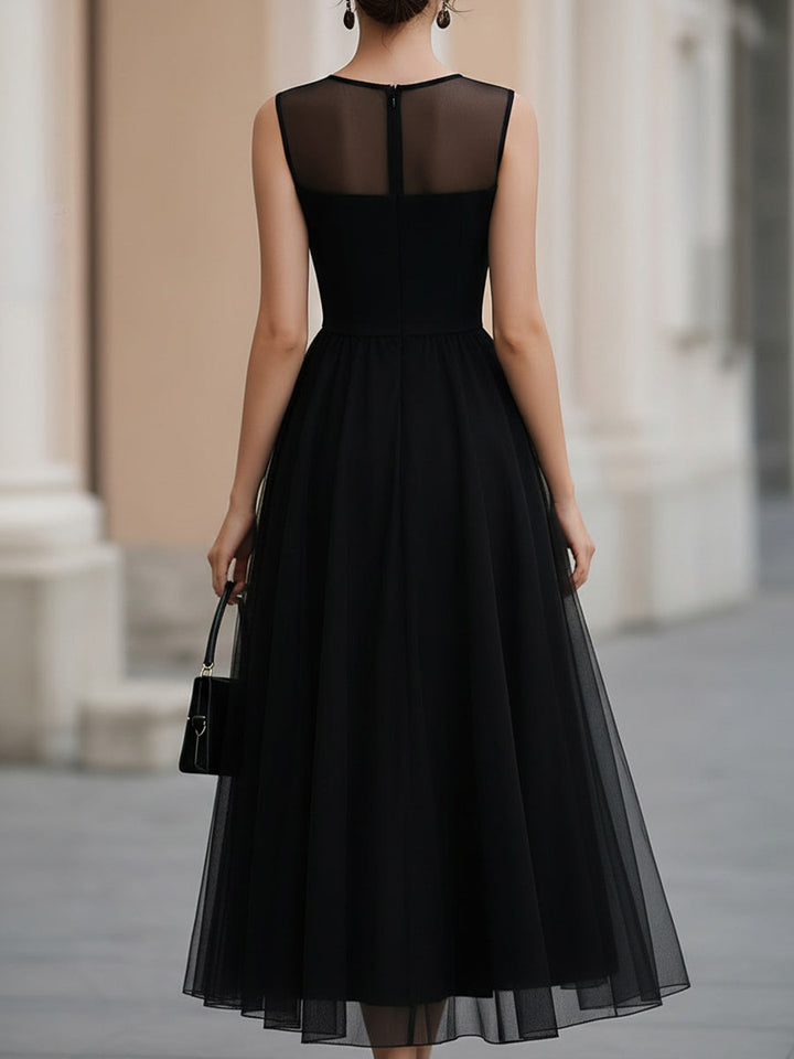 Black Sleeveless Mesh Yoke Tulle Midi Dress