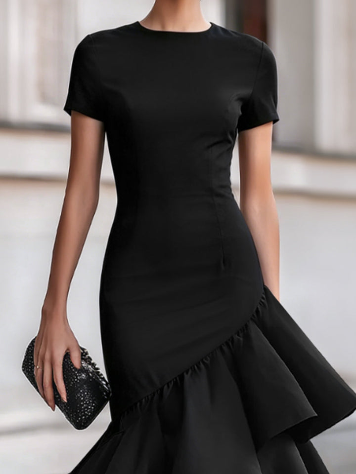 Asymmetrical Ruffle Hem Tailored Midi Dress