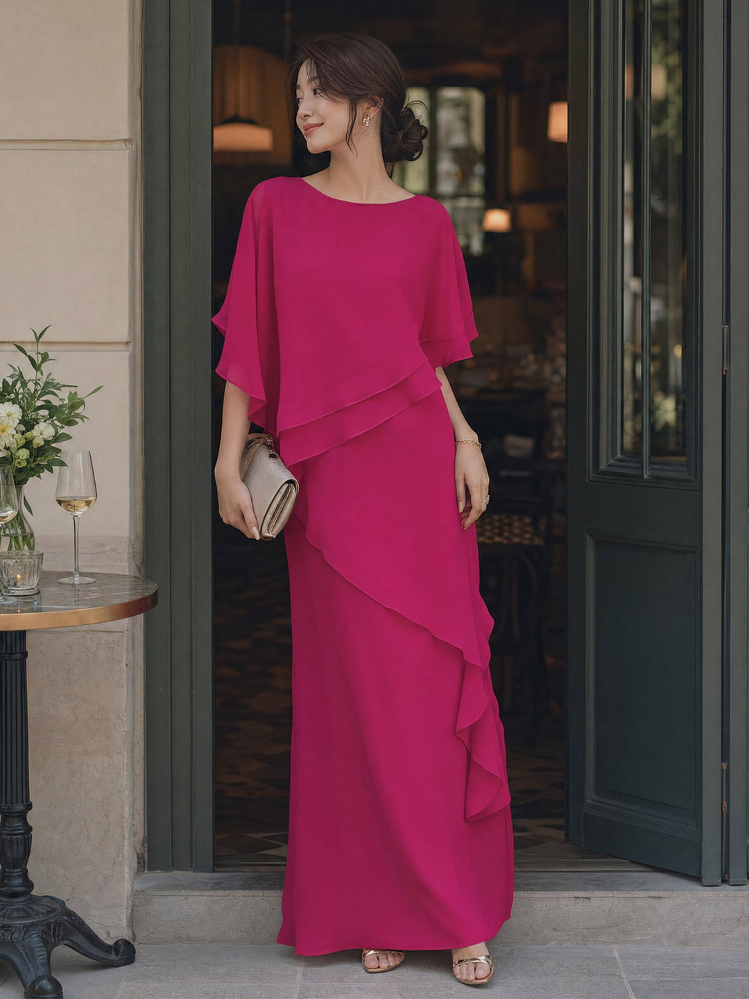Asymmetric Tiered Chiffon Overlay Cape Maxi Dress