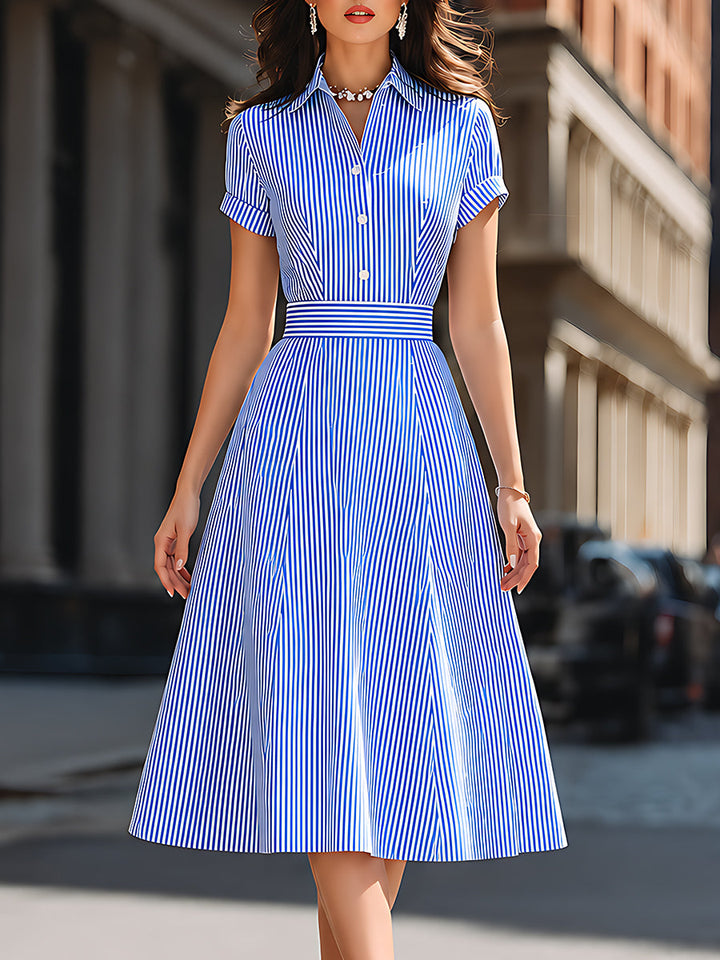 Striped Shirt Collar Fit-and-Flare Midi Dress