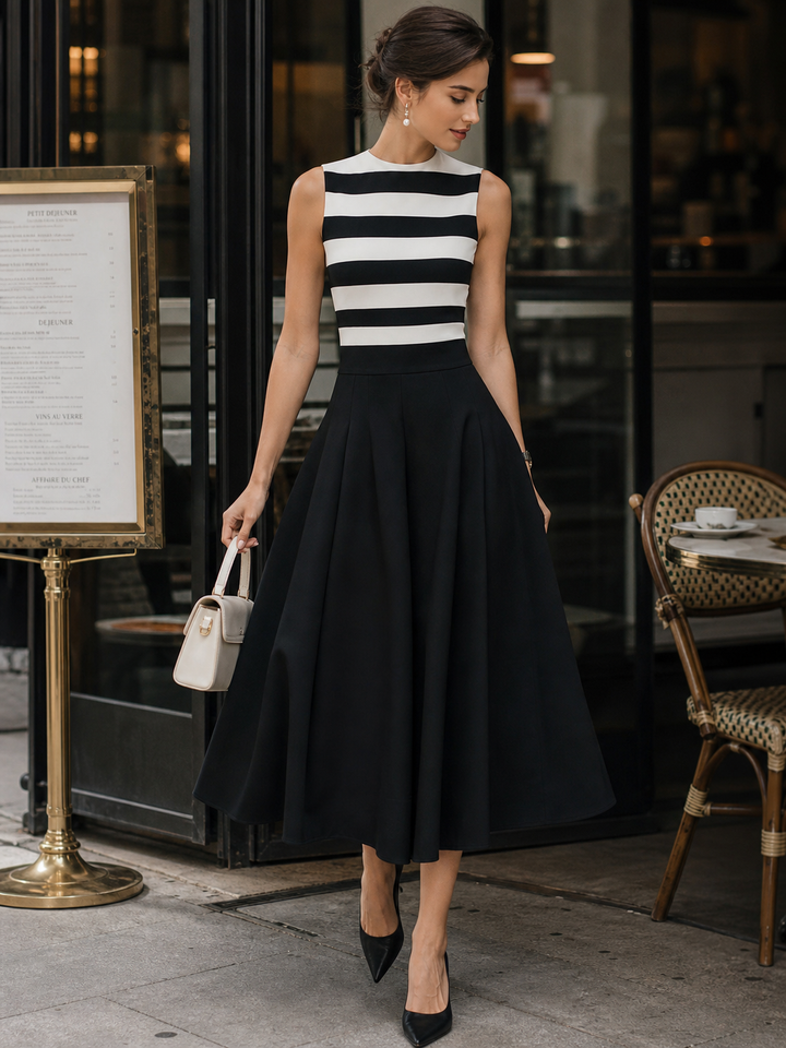 Chic Striped Sleeveless Midi Dress With Pockets