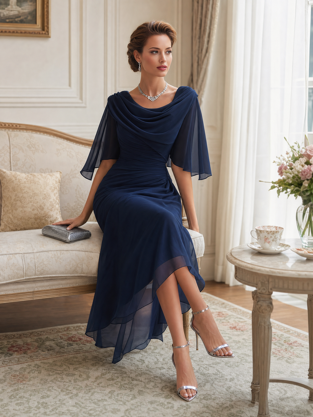Cowl Drape Neck Ruched High Low Midi Dress
