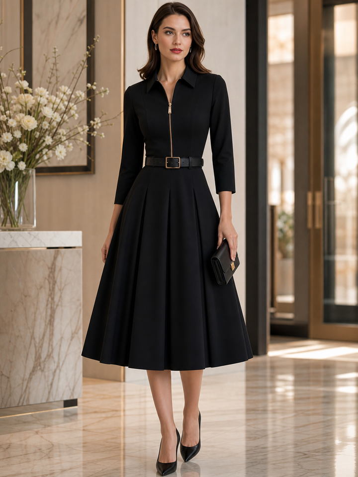 Collar Zip Front 3/4 Sleeve Belted Pleated Midi Dress