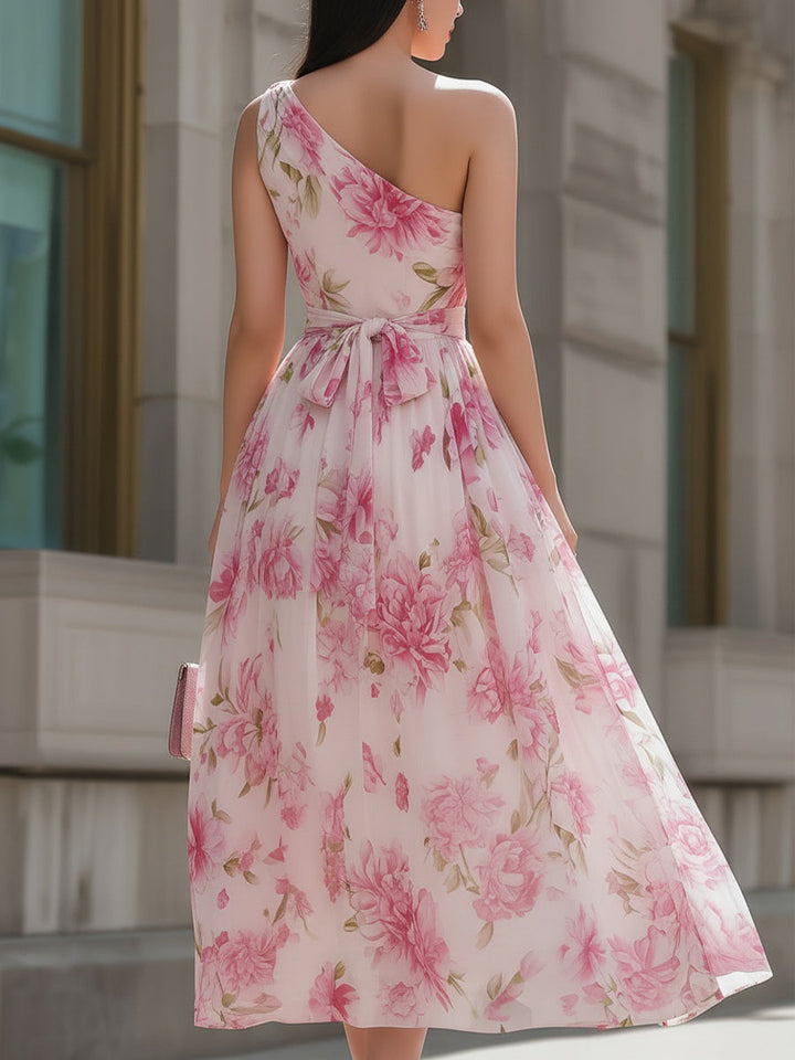 Pink Floral One-Shoulder Chiffon Midi Dress