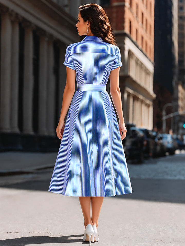Striped Shirt Collar Fit-and-Flare Midi Dress