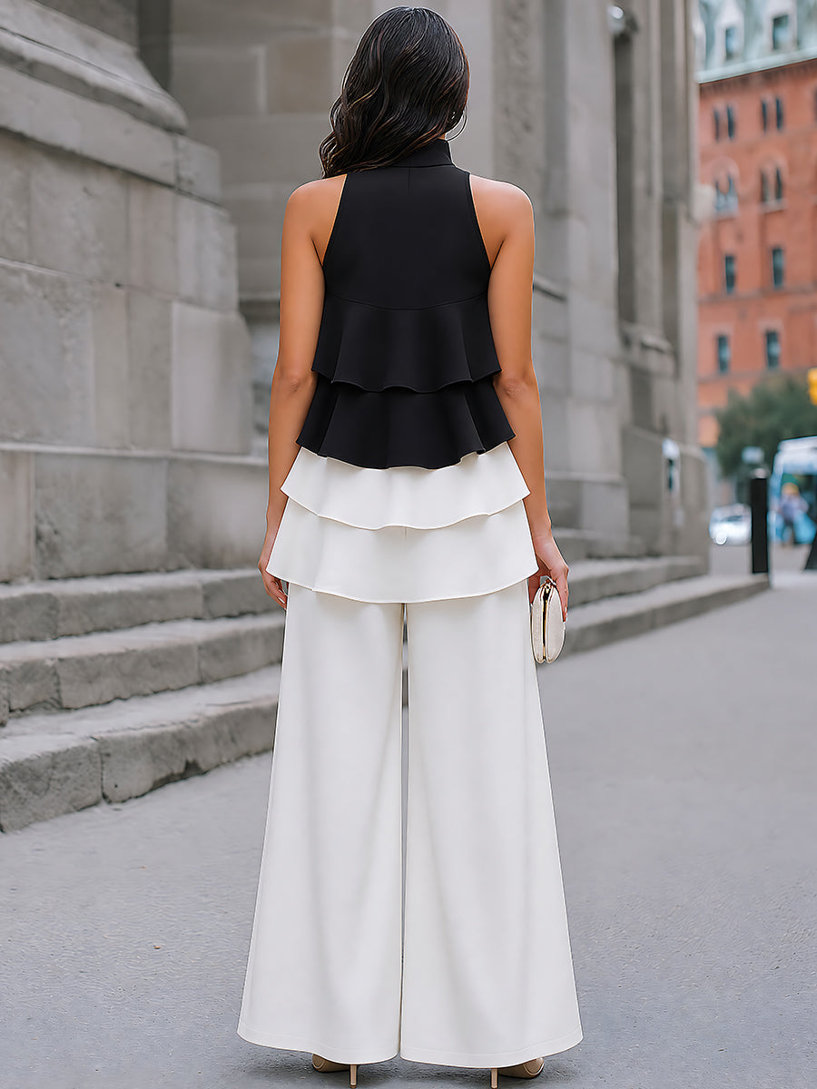 Layered Color-Block Chiffon Top and Wide-Leg Trousers Set