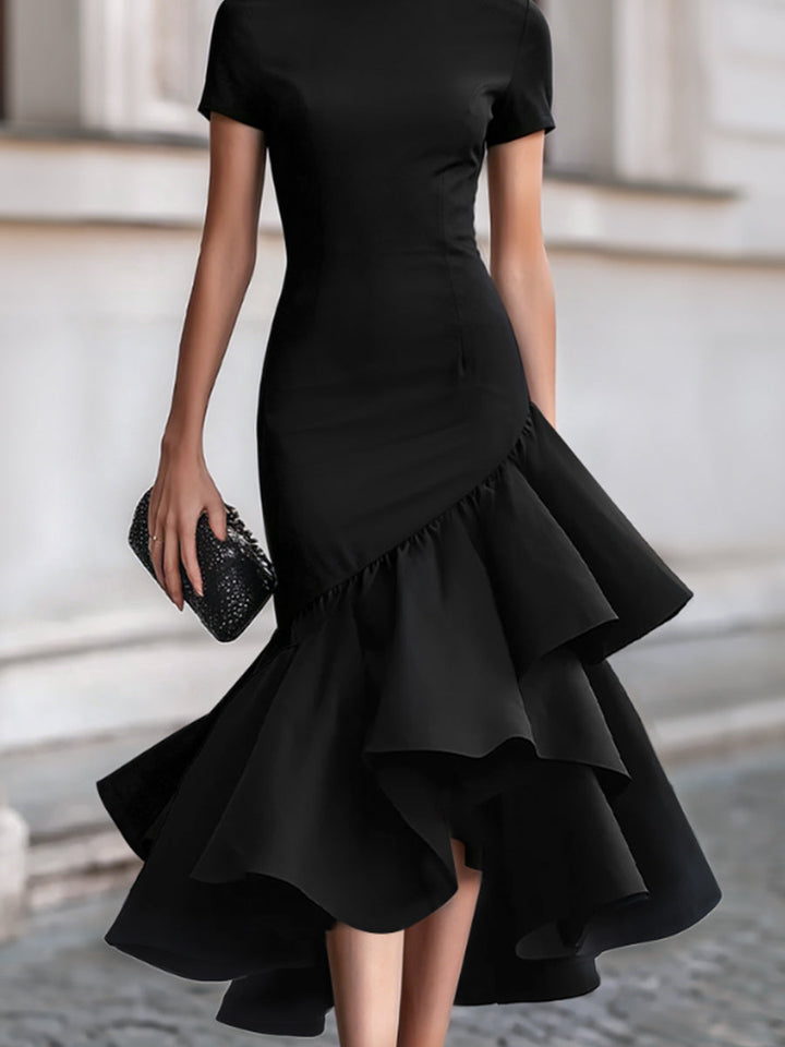 Asymmetrical Ruffle Hem Tailored Midi Dress