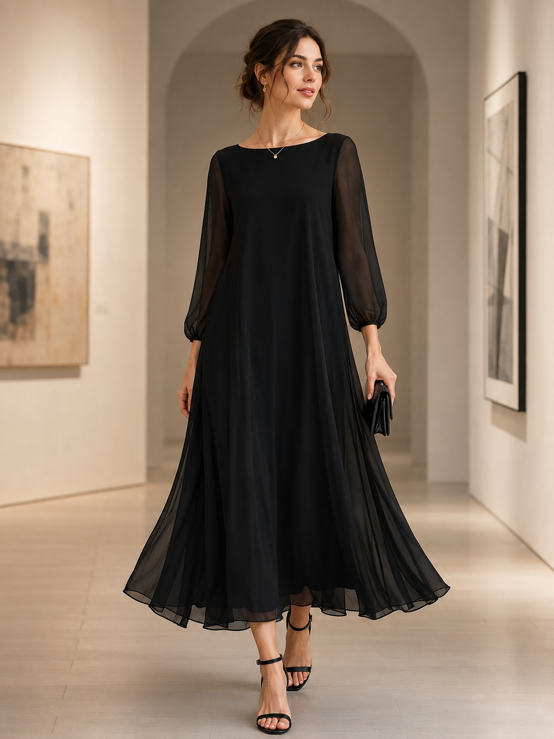 Sheer Sleeve Flowing A-Line Maxi Dress