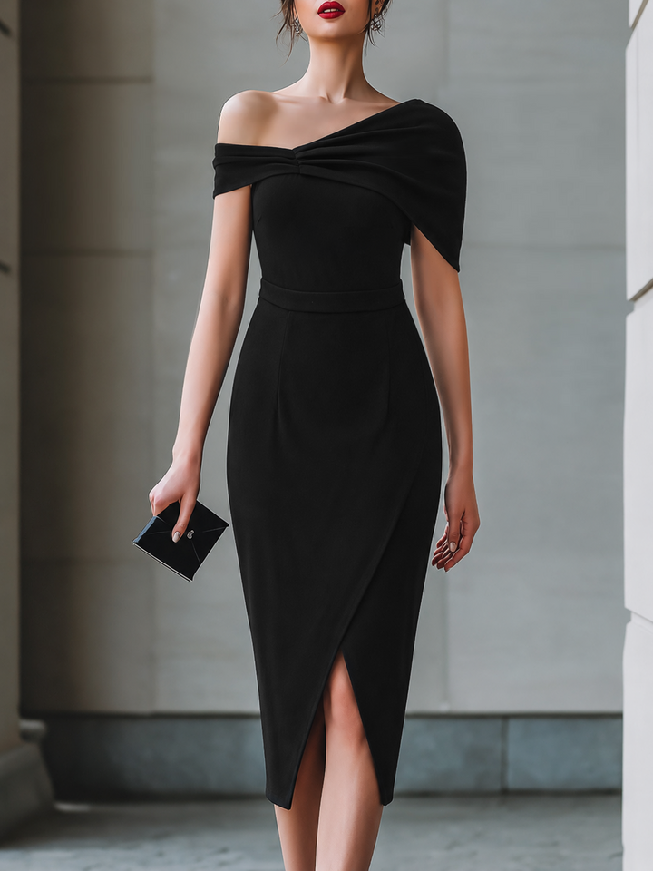 Black Asymmetric Off-Shoulder Midi Dress