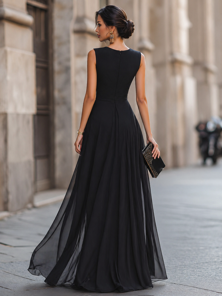 Draped High-Slit Layered Maxi Evening Dress